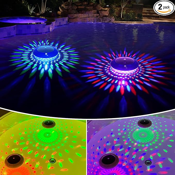 FirstE Solar Floating Pool Lights, RGB Color Changing Pool Floating Light, IP68 Waterproof LED Solar Pool Lights That Float, Hangable Auto ON Off for Above In Ground Pools Wedding Party Decoration (2)