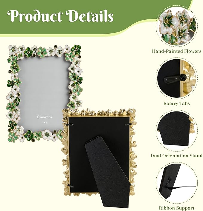 Green Flower Picture Frame 5x7 Blossom Photo Frame for Tabletop Display, Decorative Flower Design Home Decor