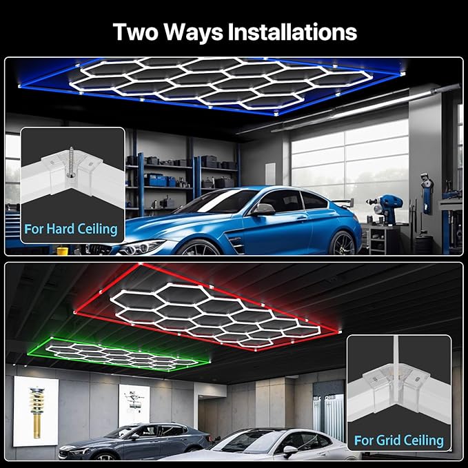 HYPERLITE Gen 2 Hexagon Garage Lights: 15 Grids with Border DIY Hexagon Led Lights, 6500K Ultra Bright, Easy Install Hex Light, Durable Design for Garage, Car Detailing, Workshops, Gym(Blue)