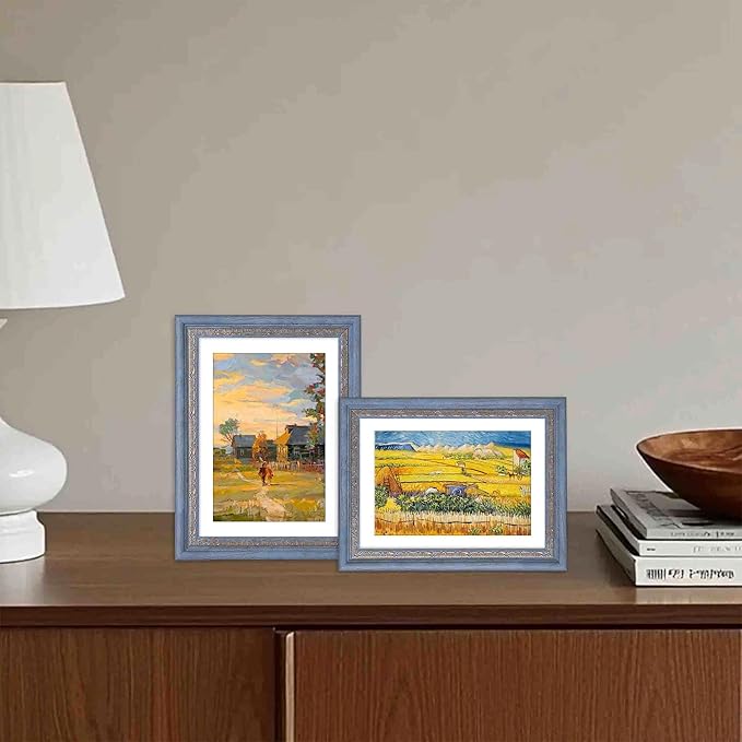 VIOLABBEY 5x7 Picture Frame Blue Gold, Display 4x6 Photo with Mat or 5x7 without Mat, Ornate Vintage 5 x 7 Frame for Wall Decor or Tabletop Display, Blue Gold