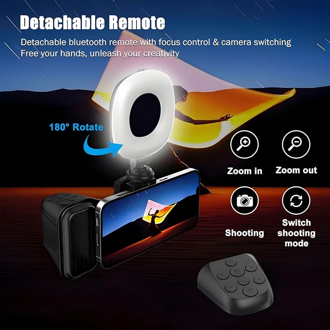 Phone Camera Grip with Selfie Ring Light & Detachable Bluetooth Remote Control, TikTok Scrolling Remote Shutter, Cold Shoe for Light/Mic, Compatible with iPhone & Android Phone