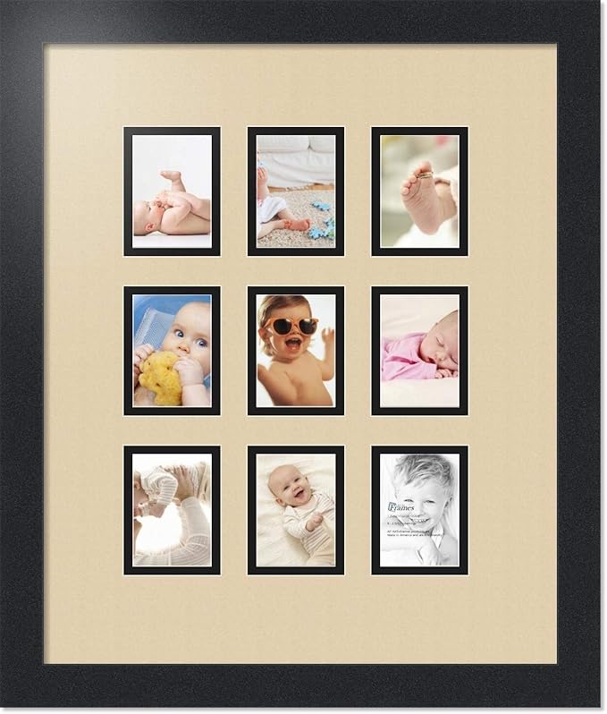 ArtToFrames Collage Photo Frame Double Mat with 9-2.5x3.5 Openings with Satin Black Frame and Seaside mat.