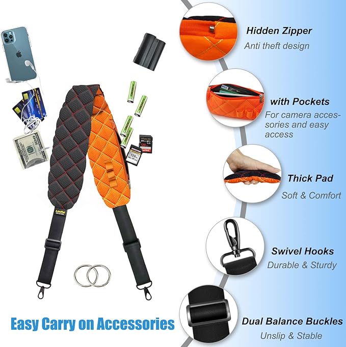 LONPAI Ultra Comfortable Camera Strap with Pockets and Thick Padded for Photographers, Adjustable Universal Cam Neck Belt