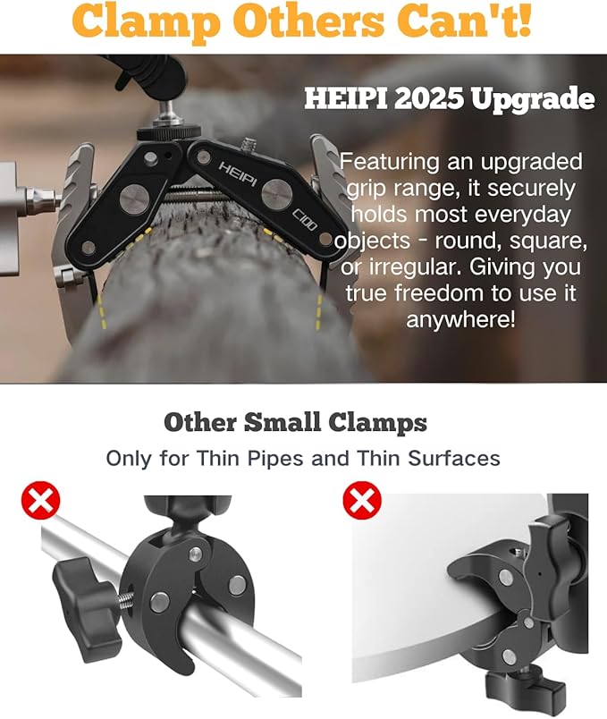 HEIPI Super Clamp Phone Camera Mount Holder 2-in-1 Clamp & Stand Design with 360°Rotation Long Magic Arm with Phone Clip Mount Adapter Holder Max Clamping 3.93 inch
