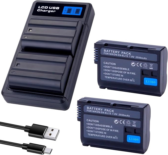 2-Pack EN-EL15 /EL15A/EL15B/EL15C Batteries with USB Dual Charger Compatible with Nikon Z6 Z7 D500 D600 D610 D750 D780 D800 D800E D810 D810A D850 D7000 D7100 D7200 D7500 Cameras 2550mAh