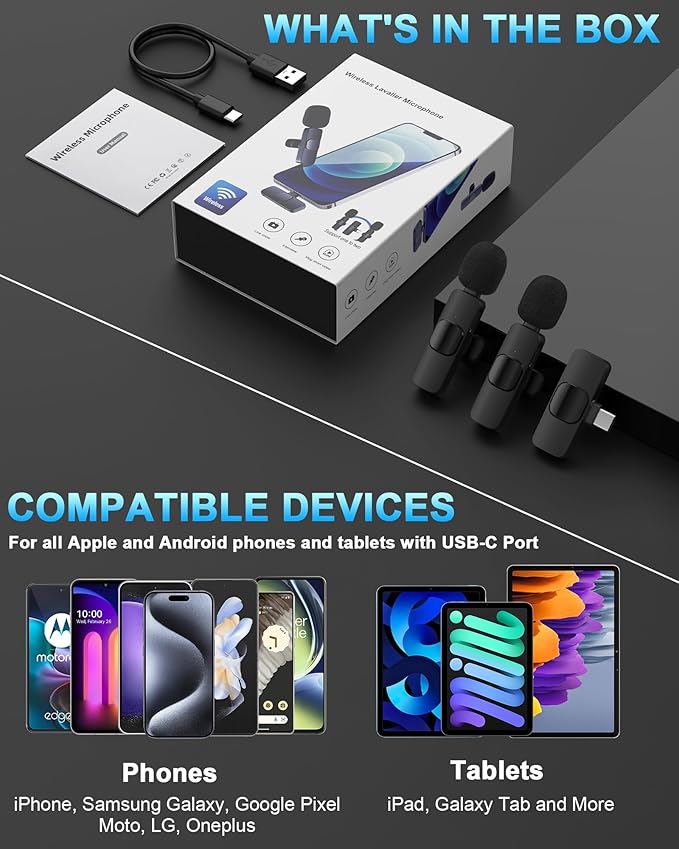 Wireless Lavalier Microphone Usb C, Lapel Bluetooth Mic for Apple iPhone 17 16e/15 Pro Max/ Plus, Lavalier Microfono Inalambrico Para Android Phone Collar Clip On Mic Mini Lav for Vedio Youtube iPhone