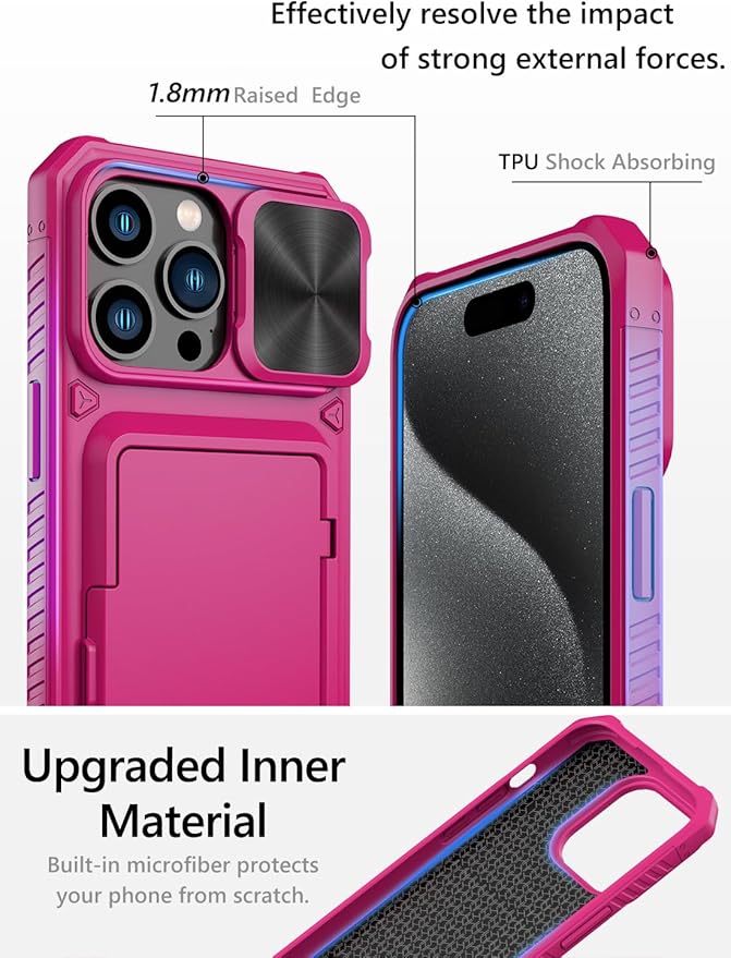Vihibii for iPhone 15 Pro Max Wallet Case with Card Holder (4 Cards) & Slide Camera Cover & Kickstand, Raised Edges Protect Screen, Rugged Hard Back Cover for iPhone 15 Pro Max, 5G 6.7" 2023, Hot Pink