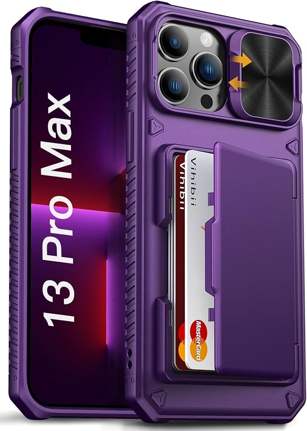 Vihibii for iPhone 13 Pro Max/iPhone 12 Pro Max Wallet Case, Built-in Card Holder (4 Cards), [RFID Blocking] & Slide Camera Cover, Military Grade Drop Protection, Rugged Hard Phone Case, Dark Purple