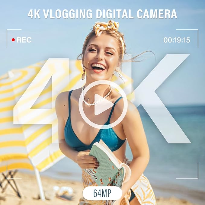 4K Digital Camera for Photography, 64MP Flip Screen Digital Camera for YouTube Vlogging, Selfies, Use with LED Light, 64GB Memory Card, Compact Design for Travel, Perfect for Teens and Beginners
