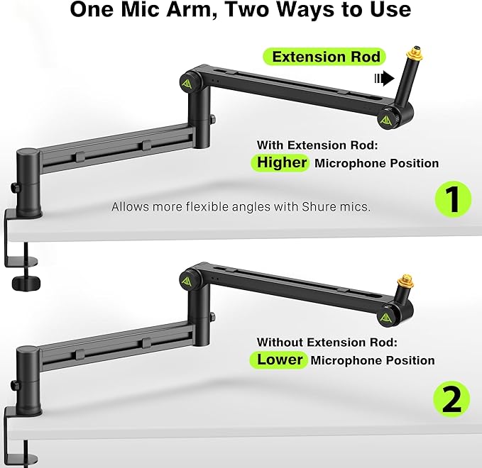 Low Profile Boom Arm (Design for Heavy Mic) 6.6lbs Load Capacity, Stable Gear Lock Structure Never Sags, Metal Microphone Stand Desk Mount for Shure SM7B MV7+, Blue Yeti,Rode PodMic