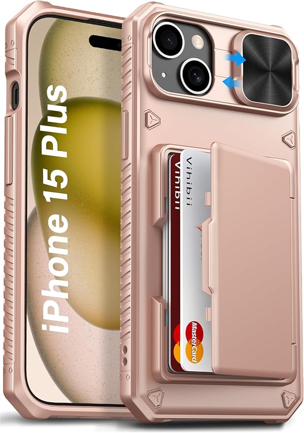 Vihibii for iPhone 15 Plus/iPhone 14 Plus Case with Card Holder (4 Cards), [RFID Blocking] & Slide Lens Camera Cover, Military Grade Drop Protection, Rugged Heavy Duty Wallet Phone Case, Rose Gold