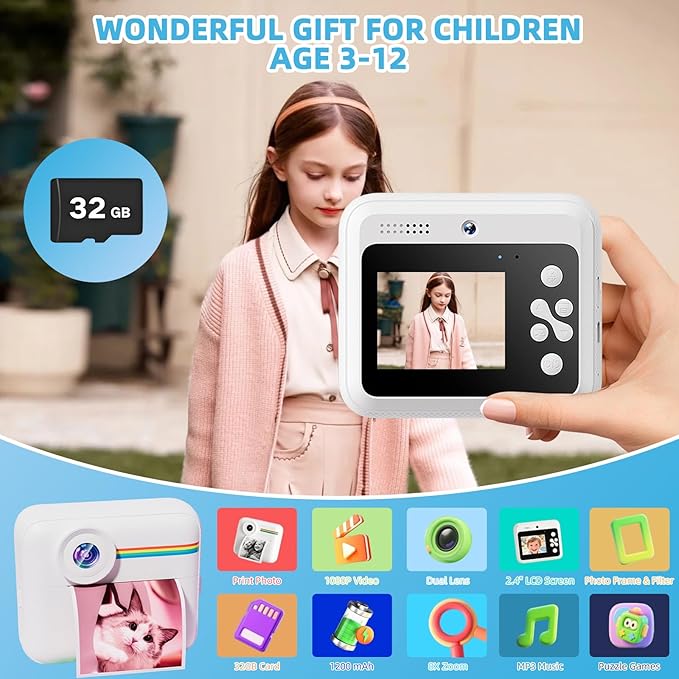 Kids Camera Instant Print, 2.4 Inch Screen Instant Camera,1080P HD Kid Camera Instant Printing with Print Paper and 32GB SD Card,Christmas Birthday Gifts (Yellow)
