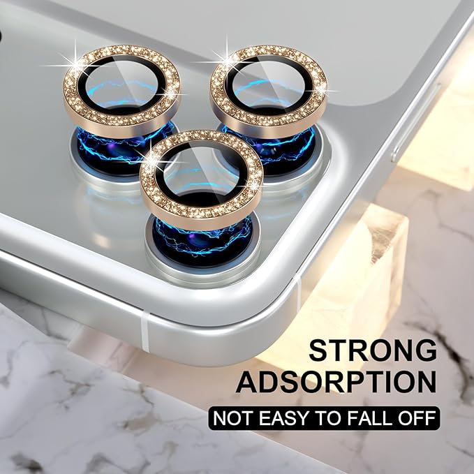 Choiche Compatible for iPhone 17 Pro/iPhone 17 Pro Max Camera Lens Protector Bling, 9H Tempered Glass Camera Cover Screen Protector Metal Ring Decoration Accessories (Glitter-Gold)