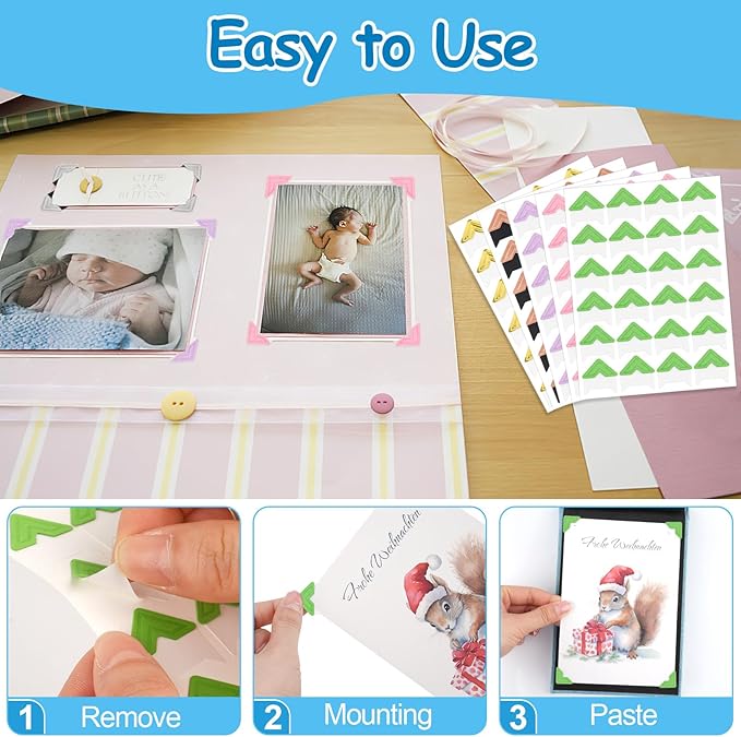 432 Pcs Photo Corners, Self Adhesive Picture Corners, Acid Free Corner Stickers for Scrapbooking, Photo Mounting Corners for DIY Scrapbook, Photo Album, Memory Books (Mixed Colors)