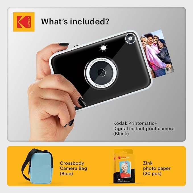 Kodak Printomatic+ Instant Print Digital Camera Starter Bundle + Carrying Case (Blue) + Zink 20pk Sticky-Back Photo Paper - 10MP, Full-Color Photos, GB LED Status Indicator - Black