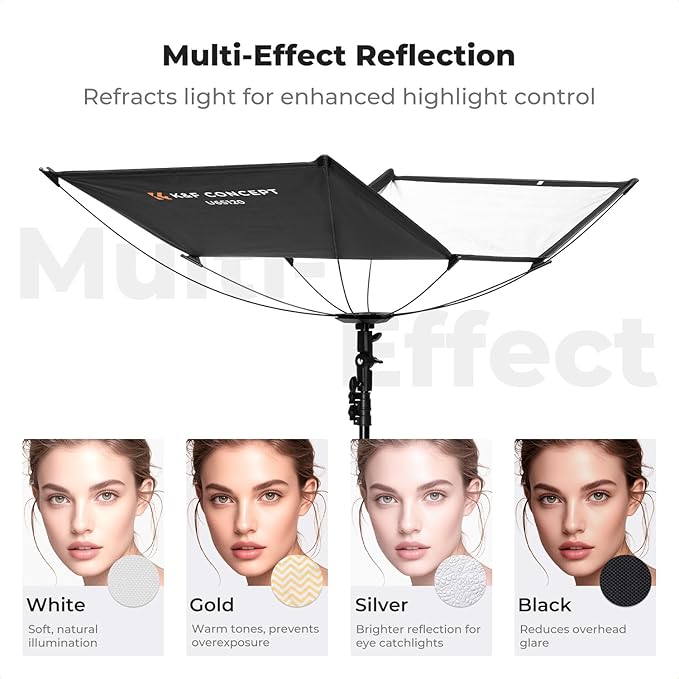 K&F CONCEPT Curved Reflector, Quick-Open Clamshell Light Reflector with Stand & Carrying Bag – 48"x26" U-Shape Photography Diffuser for Studio Portrait & Video Shooting, 4-in-1 Black/White/Silver/Gold