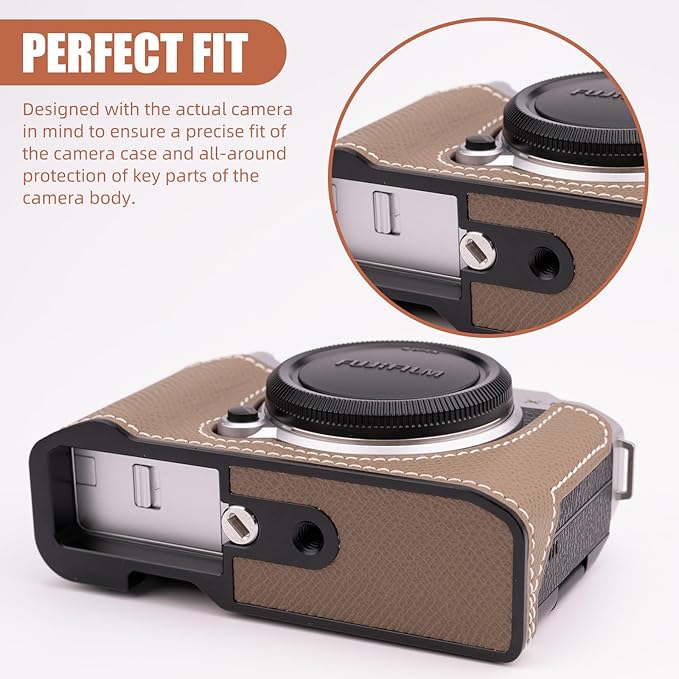 Uchandmade Handmade Genuine Leather Camera Half Case for Fujifilm X-M5/Fujifilm X-M5 Camera Case/Fujifilm X-M5 Case - Top Layer Cowhide Body + Metal Base Plate (Etoupe Gray)