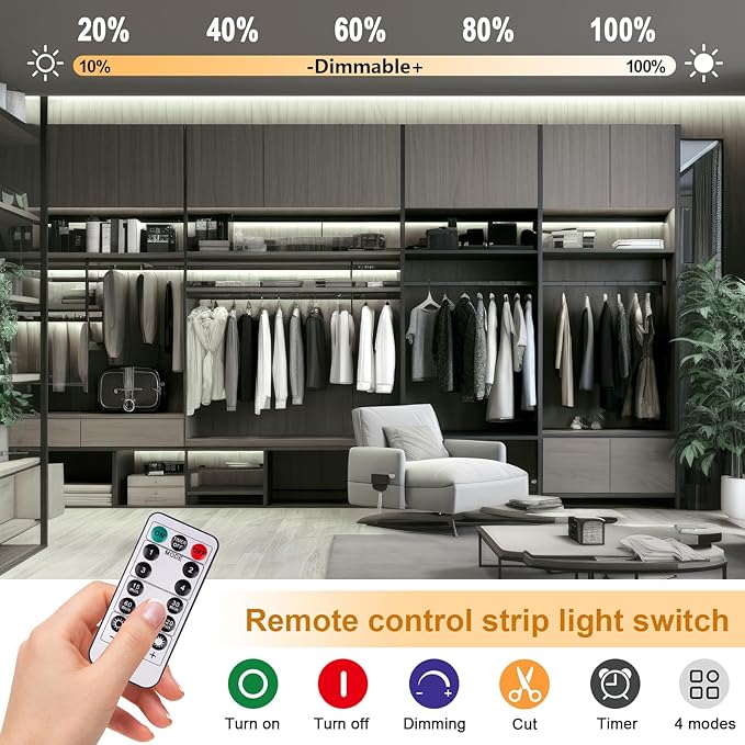 Battery Powered Strip Light, 6.56FT 640LED 6000K Cool White USB COB LED Strip Flexible Cuttable Dimmable Timer LED Light with Remote Control for Shelf, Kitchen, Closet, DIY Backlight, Camping Gear