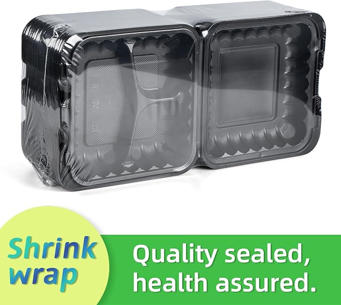 LEOBOX Takeout Container Mineral Filled PP Plastic - 7.8 Inch 30oz 65 Pack BPA Free 3 Compartments Shrink Wrap Bento Box | Freezer & Microwave Safe for Picnic | Black Reusable & Disposable Containers