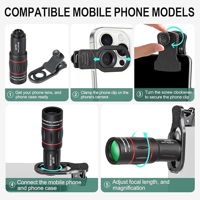 36X Telephoto Phone Lens for iPhones, Android Phones, Lenovo Mobiles, Google Mobiles, Including an Apple 16 Mobile Phone-Specific Phone Case, Manual Precise Focusing, Super Clear Vision