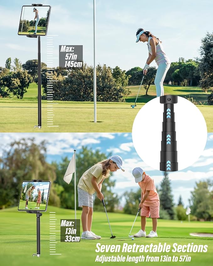 woleyi Tablet Golf Monopod Selfie Stick for iPad Holder, Adjustable Golf Tablet Stand Mount for Training Aid, Record Swing, Alignment Rod for 4-13" iPad Pro Air Mini, iPhone, Galaxy Tabs, Z Fold, Fire