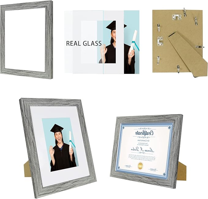8.5 x 11 Picture Frame Set of 4, Made of Real Glass and Grey Certificate & Diploma Frame, 8.5 by 11 Photo for Wall or Tabletop - Display Picture 6x8 with Mat or 8.5x11 Without Mat