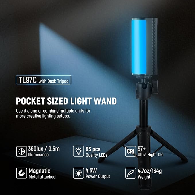 NEEWER Magnetic Handheld Light Wand with Desk Tripod, 17 Scenes, APP Control 360° Full RGB Mini LED Video Lighting Stick, 2500K-8500K Dimmable CRI97 for Photography Vlog TikTok, 2550mAh Battery, TL97C