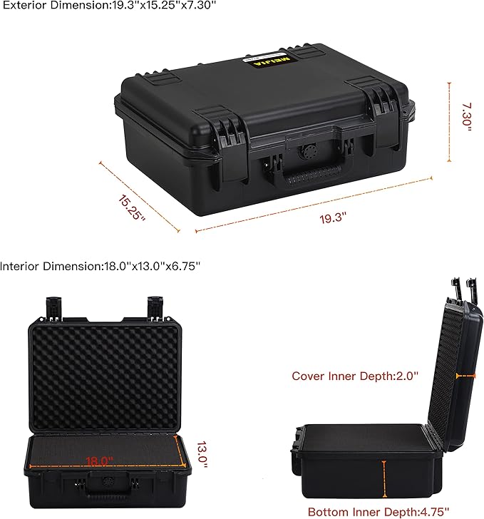 MEIJIA Premium Waterproof Hard Compact Camera Case with customizable fit foam,Full Protection with Light&Convenient Design,19.3"x15.25"x7.3".,Elegant Black