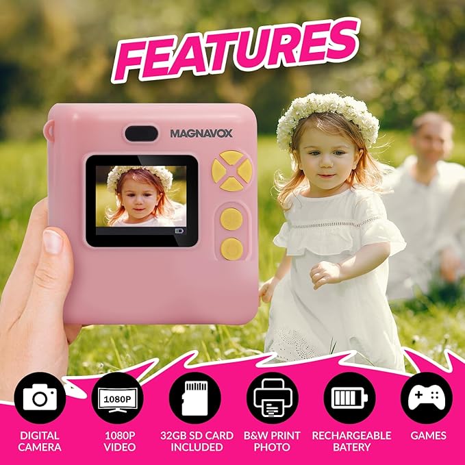 Magnavox MCC9063 Kids Camera with Low Cost Instant Print in Black & White, Print in Color from PC, Record 1080p Video, 32GB SD Card Incl., 2in LCD Display, Built-in Games, 3 Rolls of Paper Included