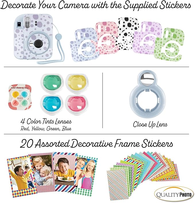 Fujifilm Instax Mini 12 Instant Camera + 60 Photo Prints + Quality Photo Value Bundle, Case, Decoration Stickers, Frames, Photo Album, (Pastel Blue)