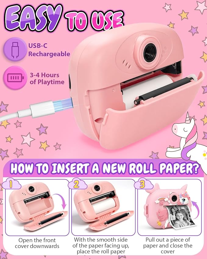 Kids Camera Instant Print, 1080P Kids Instant Cameras with Photo Printing and Fun Learning, Christmas Stuffers Birthday Gifts for Girls Age 3-12, Portable Toy for 3 4 5 6 7 8 9 10 Girls Boys, Pink