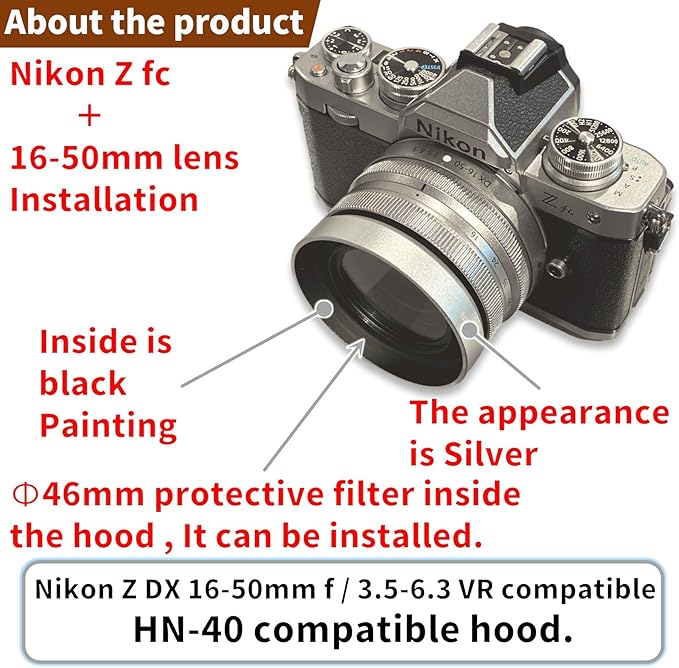 F-Foto Silver Color Metal Lens Hood HN-40SU for Nikon NIKKOR Z DX 16-50mm F3.5-6.3 VR on Z30 Z fc ZFC Z50, Replace Nikon HN-40 Lens Hood, Compatible w 46mm Filter and 46mm Cap, HN-40SU