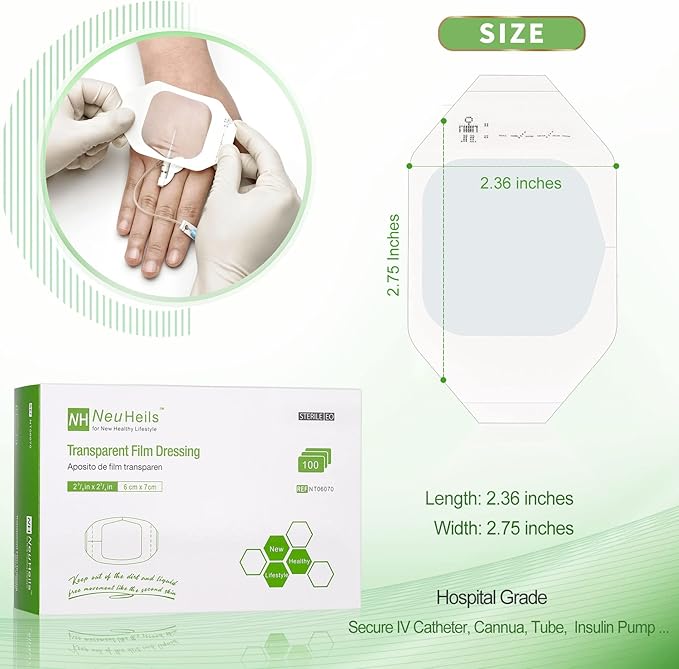 NeuHeils Transparent Film Dressing 2 3/8'' x 2 3/4'', 100 Pack, Waterproof Wound Cover Bandage, Clear IV Catheter Tape, Adhesive Patch, Shower Shield