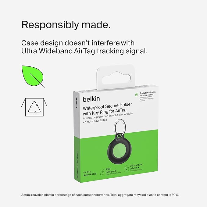 Belkin Waterproof Apple AirTag Secure Holder with Key Ring, Durable Scratch-Resistant AirTag Case, Protective AirTag Keychain Accessory for Keys, Pets, Luggage, Backpacks, and More - Black