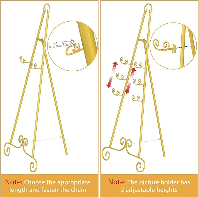 Display Easel, Metal Round Tube Scroll Vintage Gold Decorative Adjustable Floor Standing Easel with Chain Support, Perfect for Showcasing Pictures, Artwork, Picture Frame Wedding Sign Etc