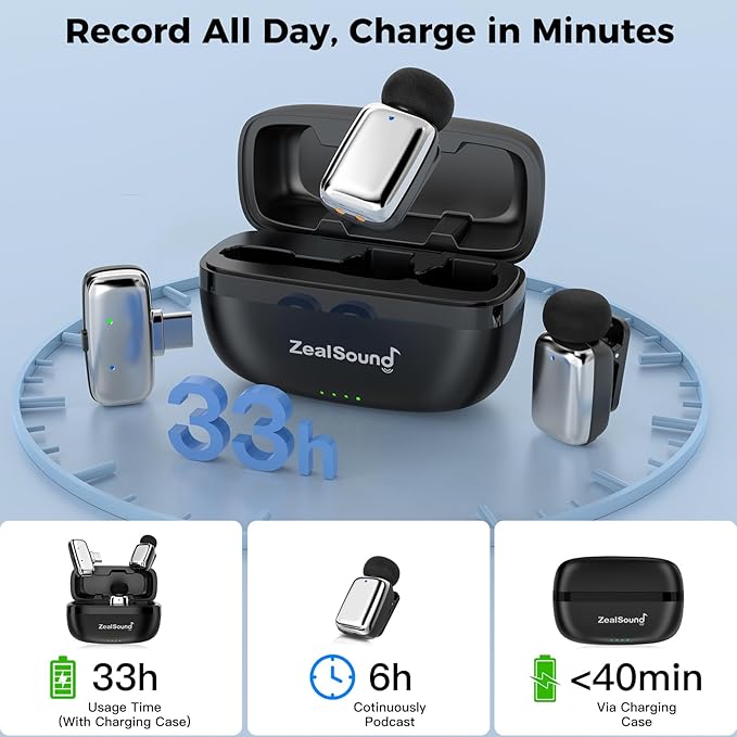 ZealSound Mini Microphone, Wireless Lavalier Mic for iPhone/iPad/Android, USB-C/Lightning, Noise Reduction, 33H Battery with Charging Case for Content Creators, TikTok & YouTube Videos - Chrome Silver