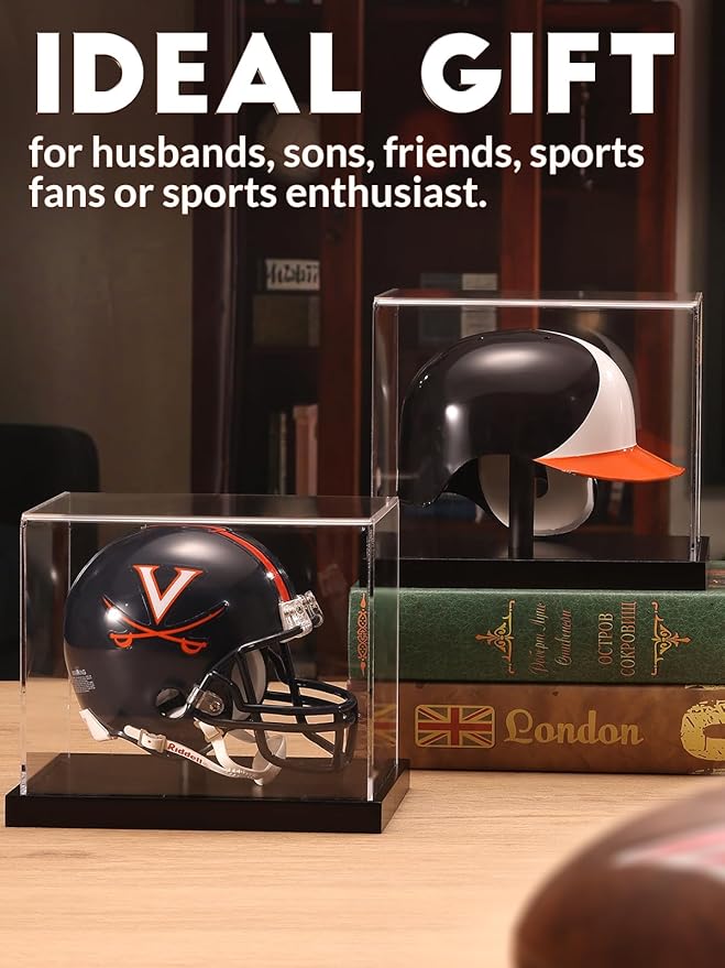 JupDec Mini Helmet Display Case, Acrylic Clear 1/2 Football Baseball Helmet Showcase, UV Protection Collectibles Box with Solid Wood Base & Riser, Ideal Gift for Sports Fans, Black,2 Pack