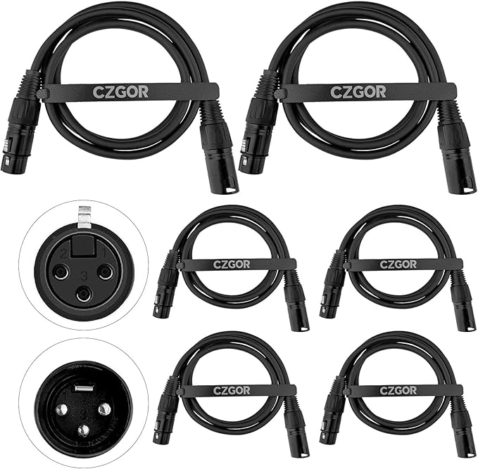 DMX Cable 3.9 ft, 6 Pack Flexible 3 Pin XLR Male to Female Cable Wire for Stage Lighting Signal XLR Connection Stage Light Wire for Par Light Moving Head Spotlight Input & Output