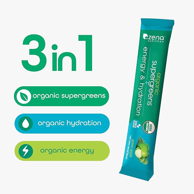 Zena Nutrition Organic Super Greens Energy & Hydration Powder, 70+ Superfoods, 0 Sugar, 5G Fiber, Spirulina, Chlorella, Prebiotics/Probiotics, Natural Caffeine + Electrolytes, 40 Drink Mix Packets