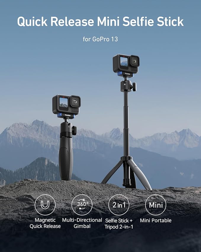 TELESIN 40cm/15.7'' Mini Selfie Stick Tripod Compatible with Gopro 13 Action Camera, Magnetic Quick Release Selfie Handle Grip,360° Adjustable Portable Extension Monopod for Go Pro Hero 13 Accessories