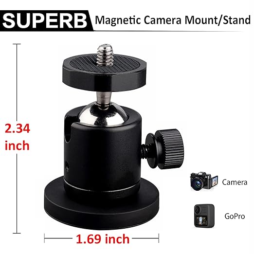 ULIBERMAGNET 24lb Magnetic Camera Mount with Mini Ball Head, Super Strong Rubber Coated Neodymium Magnet, 1/4''-20 Male Thread Stud for Security Camera
