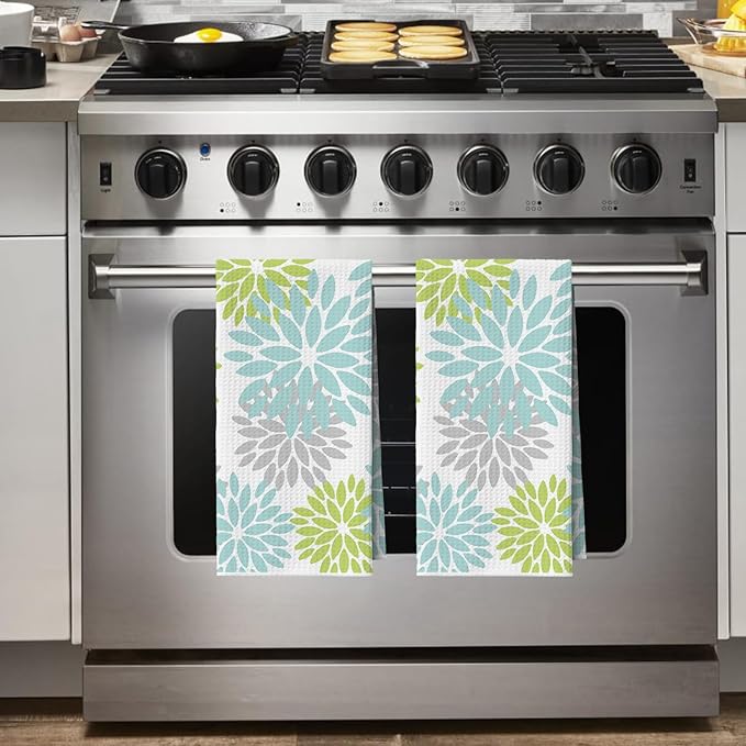 Artoid Mode Light Blue Dahlia Floral Bar Kitchen Towels, 12x24 Inch Quick Dry Microfiber Cloth Dish Towels for Kitchen Drying Set of 2