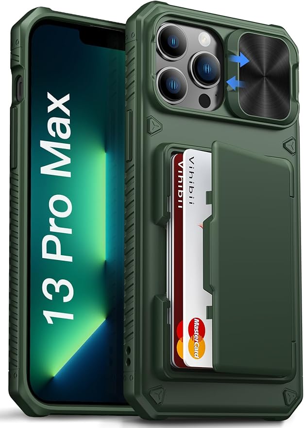 Vihibii for iPhone 13 Pro Max/iPhone 12 Pro Max Wallet Case, Built-in Card Holder (4 Cards), [RFID Blocking] & Slide Camera Cover, Military Grade Drop Protection, Silicone Soft Edge Phone Case, Green