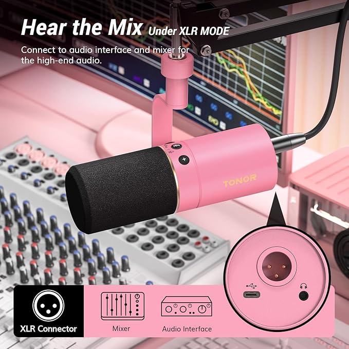 TONOR Dynamic Podcast Microphone, XLR/USB Mic for Recording, Streaming, XLR Cardioid Studio Mic with Quick Mute, 3.5mm Jack, Volume Control, 200 cm/78inch Cable, with Boom Arm, Pink, TD510+