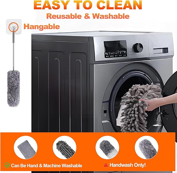 Professional Microfibre Dusters for Cleaning | Duster with Extension 100" | Cobweb Remover Duster Kit with 4 Washable Heads | Bendable Feather Duster for High Ceilings,Fans & Hard-to-Reach Areas,7PCS