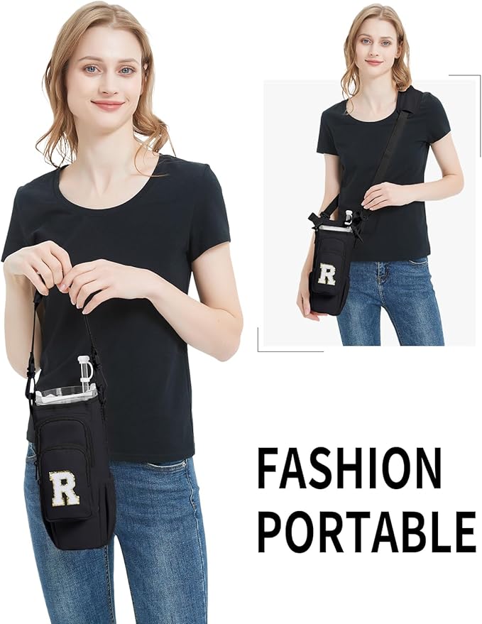 sportsnew Birthday Gifts for Women Personalized Initial Water Bottle Holder with Strap fits most 40oz Tumbler with Handle Water Bottle Carrier Bag with Phone Pocket & Straw Topper Tumbler Accessories
