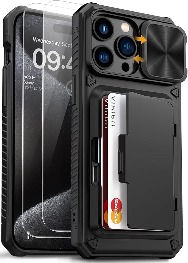 Vihibii for iPhone 15 Pro Max Case with Card Holder (4 Cards), Built-in 2X Tempered Glass Screen Protector & Slide Camera Cover & Kickstand, Military Grade Drop Protection, Rugged Wallet Case, Black