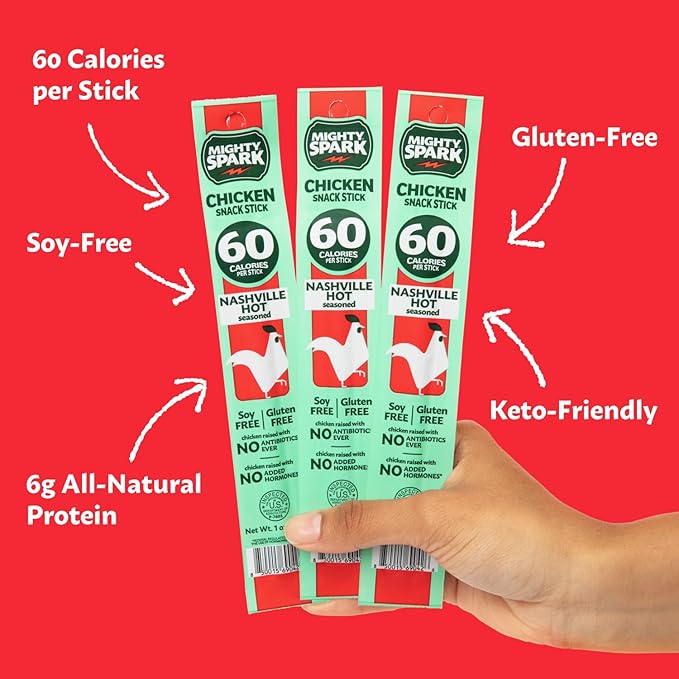 Mighty Spark Chicken Snack Sticks - Nashville Hot - 6g of Protein, No Antibiotics, No Hormones, Gluten Free, Soy Free Meat Sticks - High Protein Keto Snacks, Weight Watchers Approved - 12 Count
