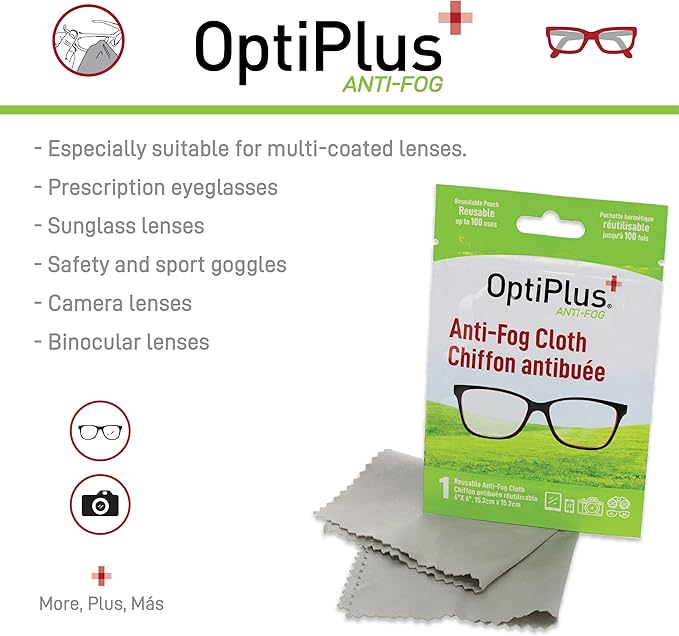 OptiPlus Anti Fog Cloth for Eyeglasses, Goggles, and Shields | Premium Reusable Anti-Fog Treatment | 5 Cloths 500 uses | Anti-Fog for All Lenses - 5 Pack