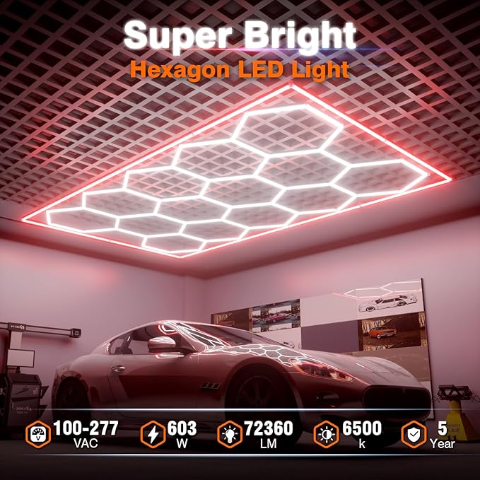 Hexagon Garage Lights, 14 Grids Hexagon LED Lights with Rectangle Frame, 603W 6500K Super Bright Honeycomb Light for Warehouse, Car Detailing Shop, Exhibition Hall, Gym(Red)